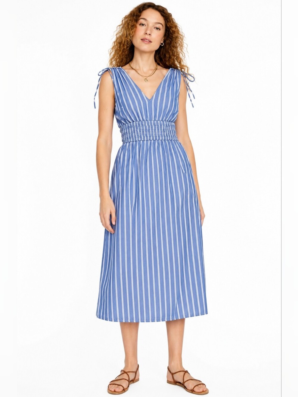 Old Navy Blue White Striped Midi Dress L Tall 100% Cotton Smocked Waist Coastal